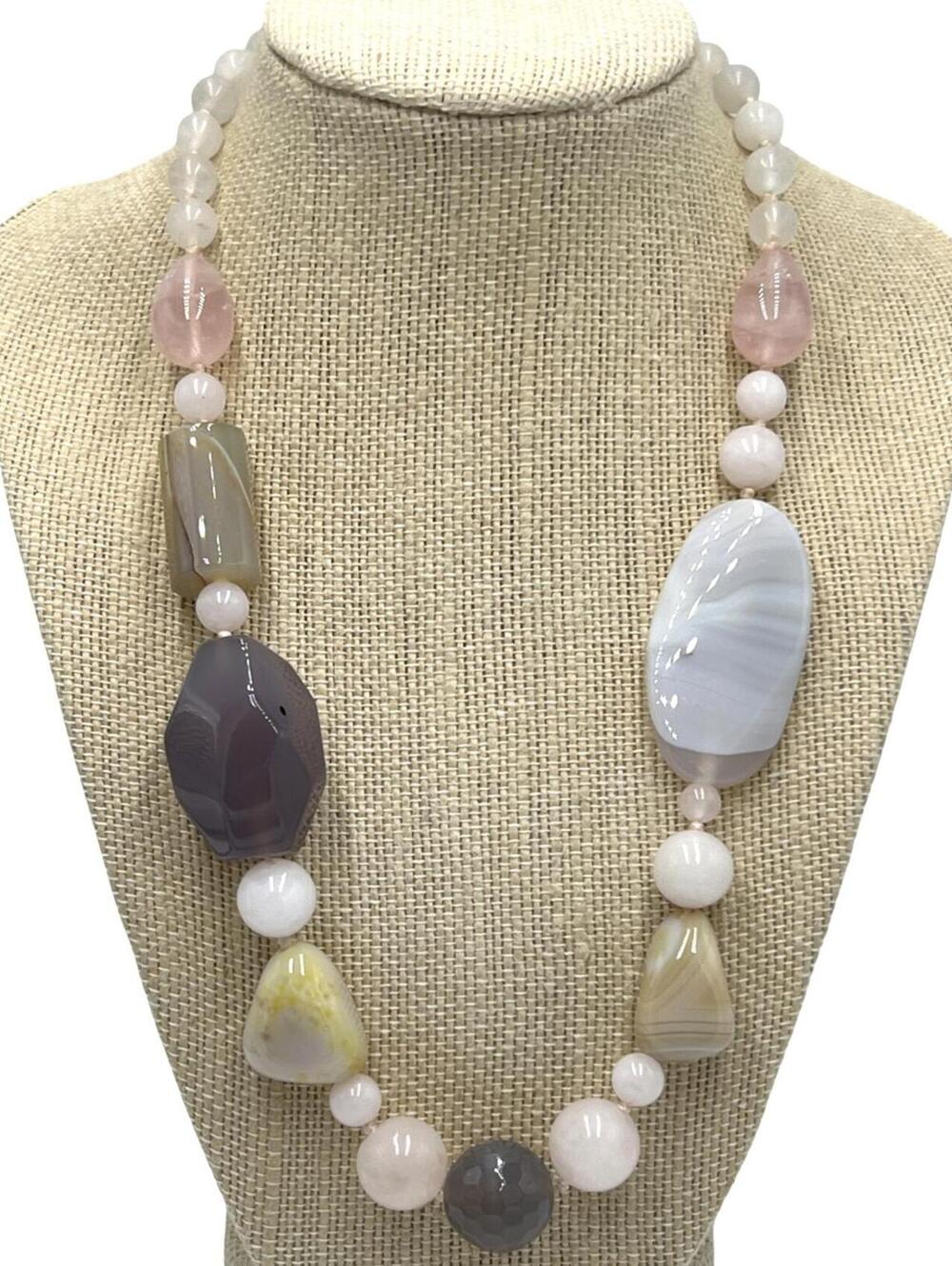 Chalcedony, Rose Quartz & Agate Beaded Strand Necklace